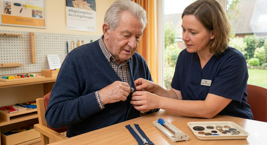 Ein älterer Herr übt unter Anleitung einer Ergotherapeutin das Zuknöpfen einer Strickjacke. Vor ihm auf dem Tisch liegen zur Vorbereitung verschiedene Knöpfe und ein Reißverschluss als Therapiematerial.