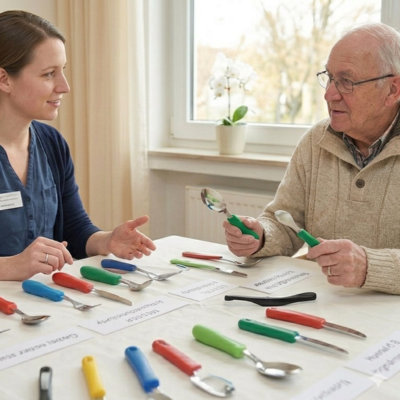 Ergotherapie-Collage: Senior mit Therapeutin bei einer Alltagsübung und Kind bei einer Schreibübung.