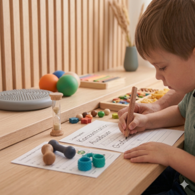 Ein Kind konzentriert sich bei einer ergotherapeutischen Schreibübung an einem Holztisch, umgeben von Therapiematerialien wie Sanduhr und sensorischen Bällen.