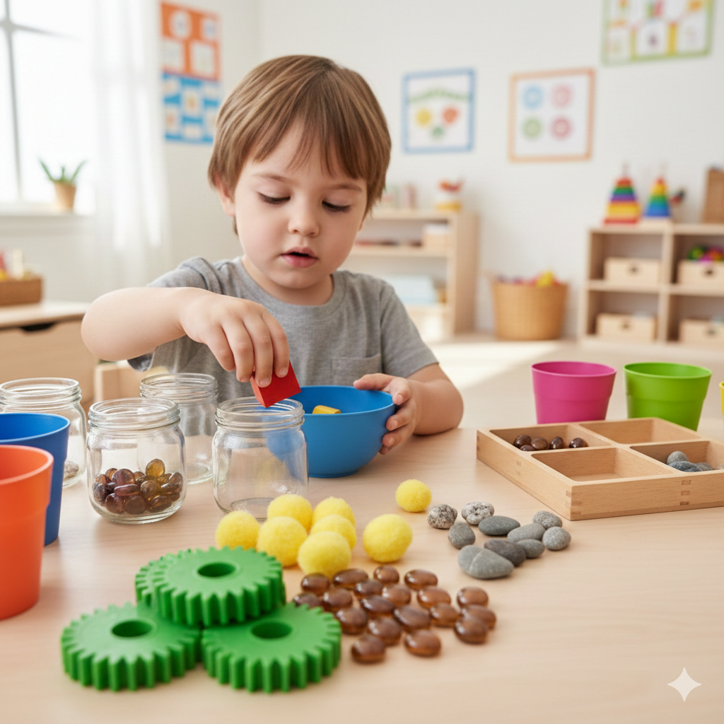 Kind sortiert kleine Gegenstände in Gläser zur Förderung der Feinmotorik und Handkoordination
