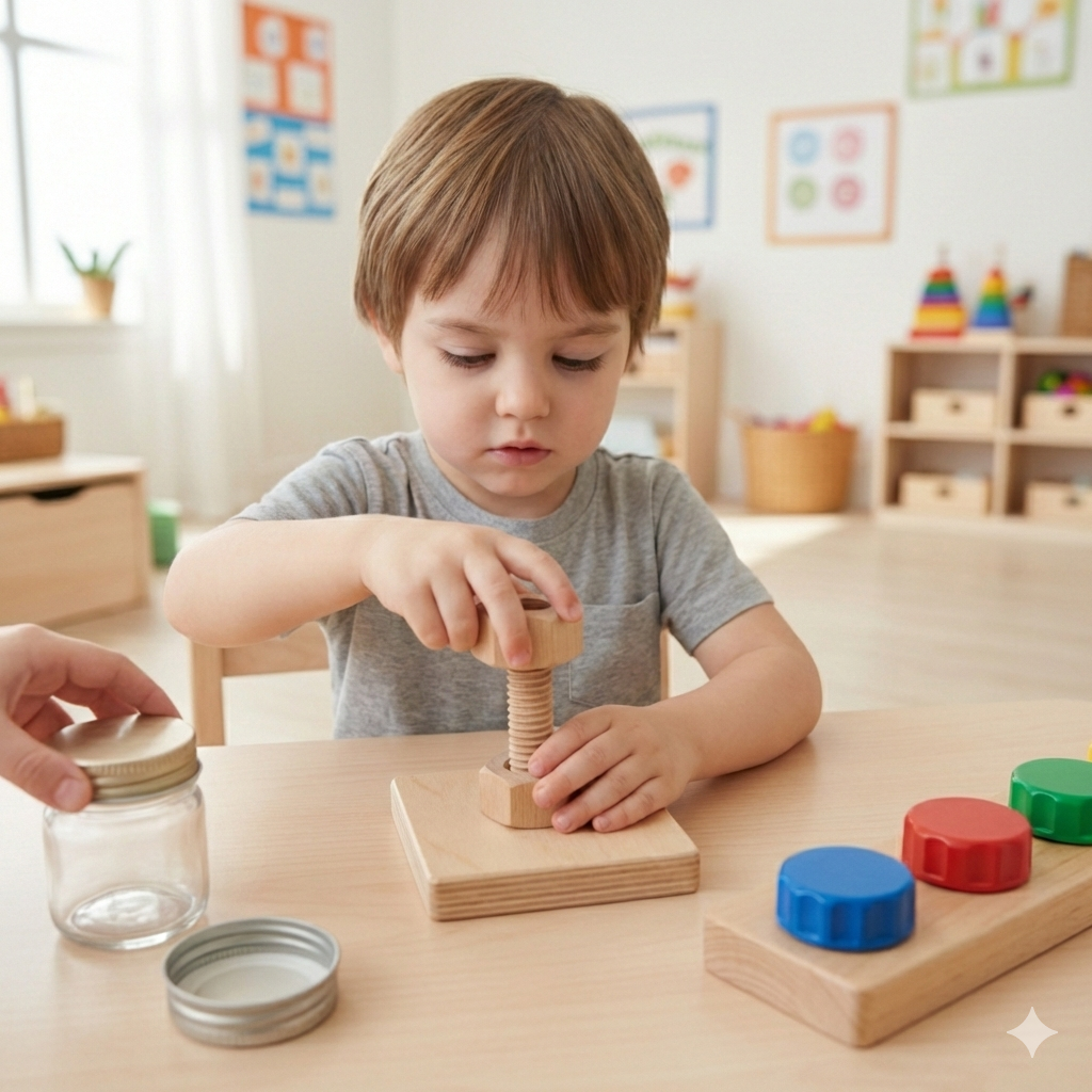 Kind trainiert Dreh- und Schraubbewegungen mit Holzspielzeug zur Förderung der Handmotorik