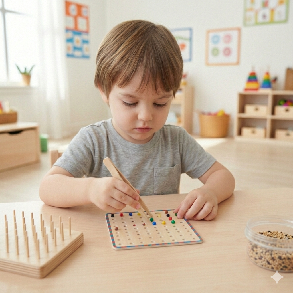 Kind nutzt Pinzette zum Greifen kleiner Perlen zur Förderung der Feinmotorik und Präzision