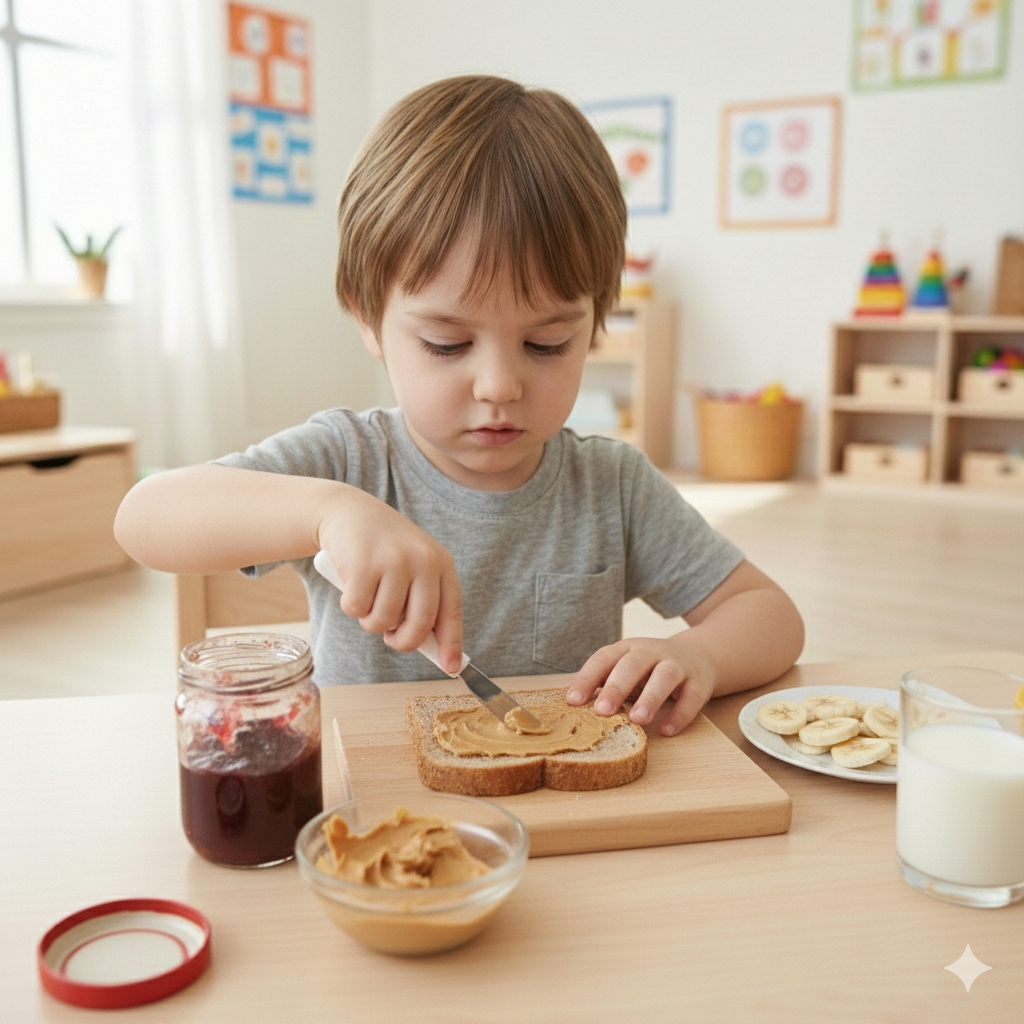 Kind schmiert Brot mit Messer als alltagsnahe Übung zur Förderung der Feinmotorik und Koordination