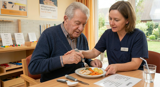 In einer ergotherapeutischen Sitzung übt ein Senior das Essen mit einer Gabel, die einen speziellen, verdickten Griff besitzt. Die Therapeutin unterstützt ihn dabei sanft am Arm, um die Koordination zum Mund zu fördern.