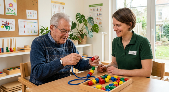 Ein älterer Mann trainiert seine Feinmotorik, indem er bunte Holzperlen auf eine Schnur fädelt, während eine Ergotherapeutin ihn in einer hellen Praxis lächelnd unterstützt.