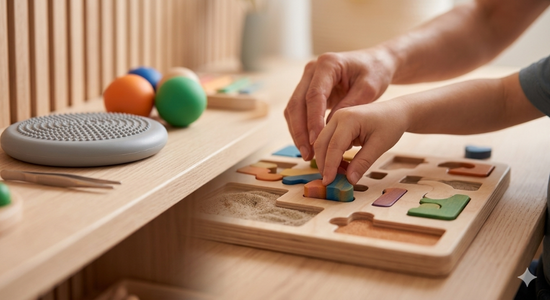 Nahaufnahme der Hände eines Kindes und eines Erwachsenen während einer ergotherapeutischen Übung.