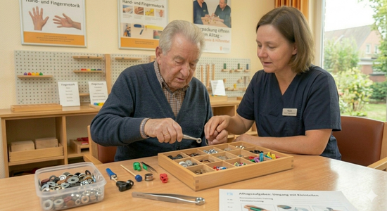 Ein Senior nutzt eine Pinzette, um kleine Perlen und Muttern in einen Setzkasten mit verschiedenen Fächern zu sortieren, während die Ergotherapeutin die präzise Fingerbewegung anleitet.