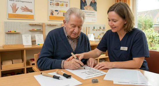 Ein älterer Mann sitzt mit einer Ergotherapeutin an einem Tisch und hält einen Stift mit einem speziellen, verdickten Griff. Die Therapeutin führt sanft seine Hand, während er langsame, kontrollierte Linien auf einem Blatt Papier mit vorgegebenen Mustern zieht, um die Schreibmotorik zu trainieren.