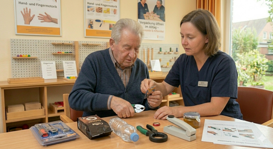 Ein älterer Mann nutzt eine spezielle ergonomische Schere/Zange, um vorsichtig eine Blisterverpackung zu öffnen. Eine Ergotherapeutin beobachtet den Vorgang und gibt Hilfestellung bei der Kraftdosierung.