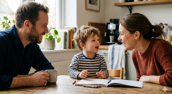 Eltern im Gespräch mit ihrem Kind am Küchentisch zur spielerischen Förderung der Sprachentwicklung im Alltag.