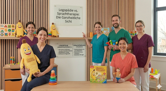 Ein Logopädie-Team präsentiert eine Infografik zum Vergleich von Logopädie als ganzheitlichem Bereich und Sprachtherapie als spezifischem Teilbereich, umgeben von Therapiematerialien.