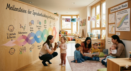 In einer hellen Kita-Einrichtung wird spielerisch Sprachentwicklung gefördert. Eine Erzieherin nutzt eine Handpuppe bei einem Kleinkind, eine andere liest vor, und eine dritte hält ein Baby.