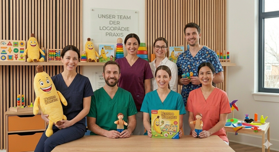 Ein lächelndes Logopädie-Team in bunter Arbeitskleidung mit Lernspielen in einer modern ausgestatteten Praxis.