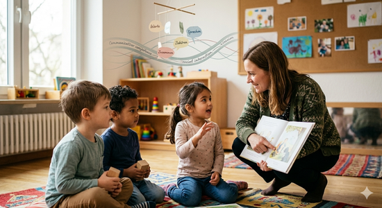 Eine Erzieherin hockt in einem hellen Kita-Gruppenraum auf einem Teppich und liest drei Kindern aus einem Bilderbuch vor