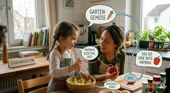 Eine Mutter und ihre Tochter kochen gemeinsam in einer Küche. Die Mutter hält eine rote Paprika und spricht mit dem Kind, während dieses Kartoffeln stampft. Illustrative Sprechblasen im Bild zeigen Begriffe wie „Gartengemüse“, „Rote Paprika“ und „Kartoffelpüree“, um die sprachliche Begleitung von Alltagssituationen zu verdeutlichen
