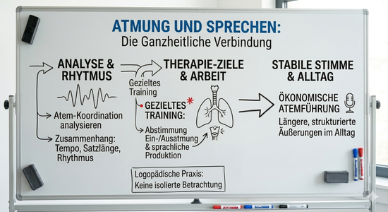 Logopädische Grafik auf einem Whiteboard: Zusammenhang zwischen Atemkoordination, Sprechtempo und stimmlicher Stabilität einfach erklärt.
