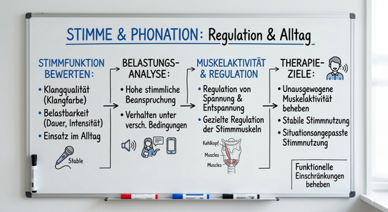 Whiteboard-Infografik zur Logopädie: Übersicht über Analyse, Regulation und Therapieziele für eine belastbare und situationsangepasste Stimme.