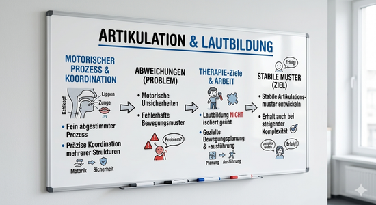 Whiteboard-Infografik: Die ganzheitliche Verbindung von Artikulation, Bewegungsplanung und Lautbildung zur Förderung stabiler Lautmuster in der Logopädie.