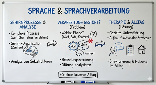 Whiteboard-Infografik: Übersicht über komplexe Gehirnprozesse bei der Sprachverarbeitung und logopädische Strategien für den Alltag.