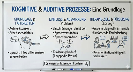 Whiteboard-Infografik: Die zentrale Rolle kognitiver und auditiver Prozesse als Grundlage für Sprachentwicklung und logopädische Förderung.