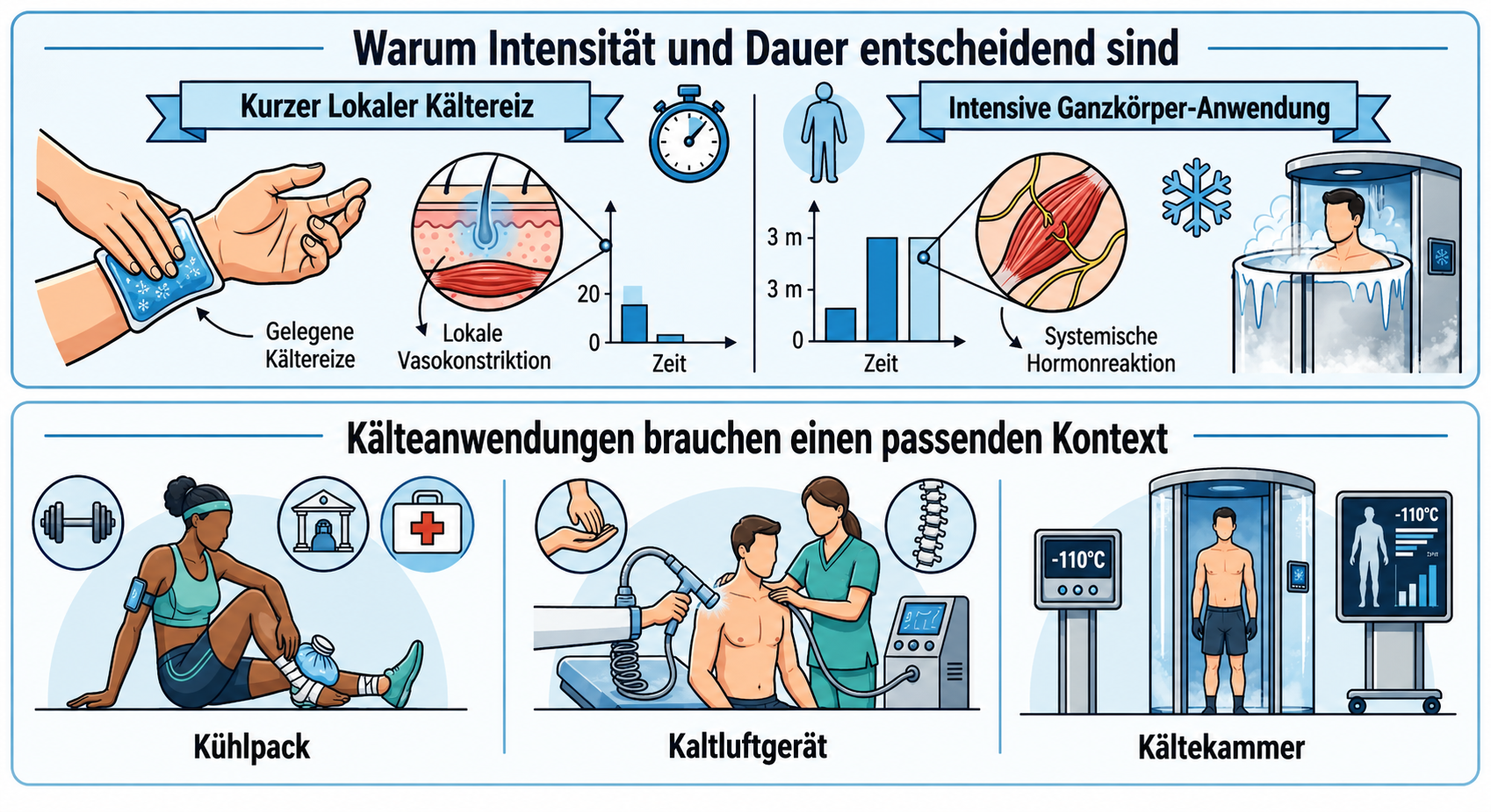 Infografik zur Kältetherapie mit Vergleich von kurzer lokaler Kühlung und intensiver Ganzkörper-Kryotherapie; Darstellung von Kühlpack, Kaltluftgerät und Kältekammer sowie Hinweis auf Bedeutung von Intensität, Dauer und Anwendungskontext.