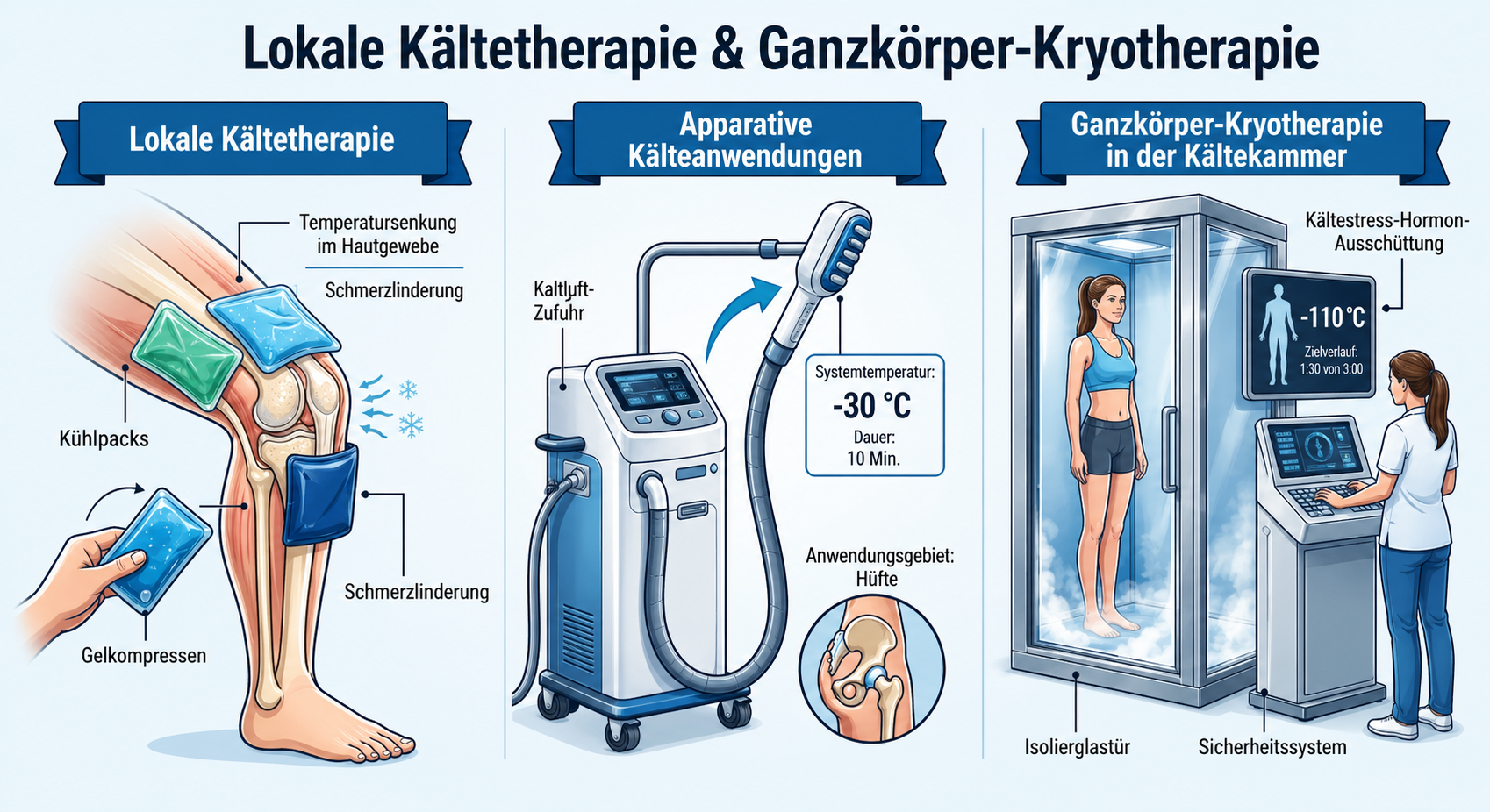 Infografik zu drei Formen der Kältetherapie: links lokale Kühlung mit Kühlpacks und Gelkompressen am Bein, mittig apparative Kälteanwendung mit Gerät und Kaltluftzufuhr, rechts Ganzkörper-Kryotherapie in einer Kältekammer bei etwa minus 110 Grad Celsius.