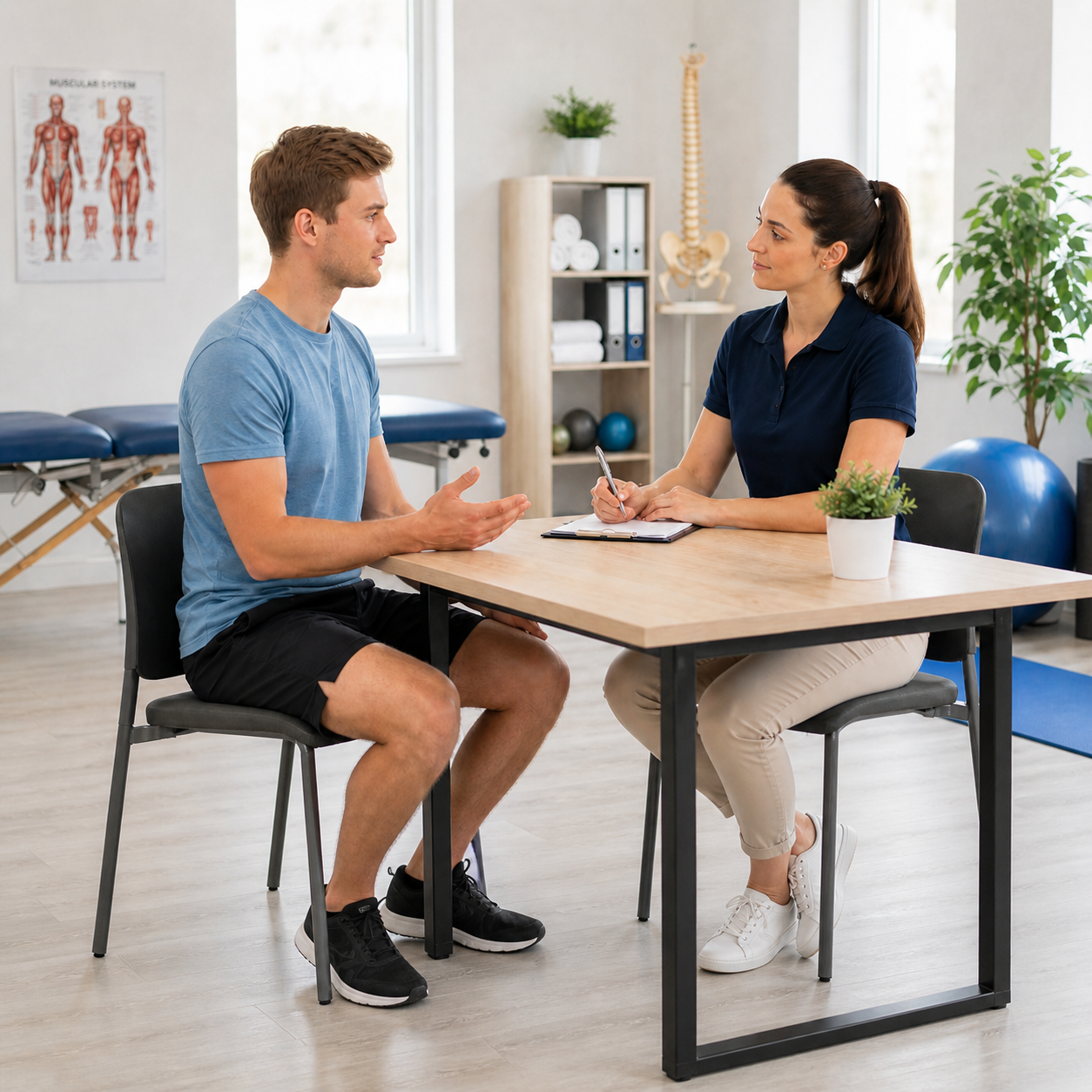 Therapeutin führt ein Erstgespräch mit einem Patienten in einer hellen Physiotherapiepraxis und macht Notizen auf einem Klemmbrett.