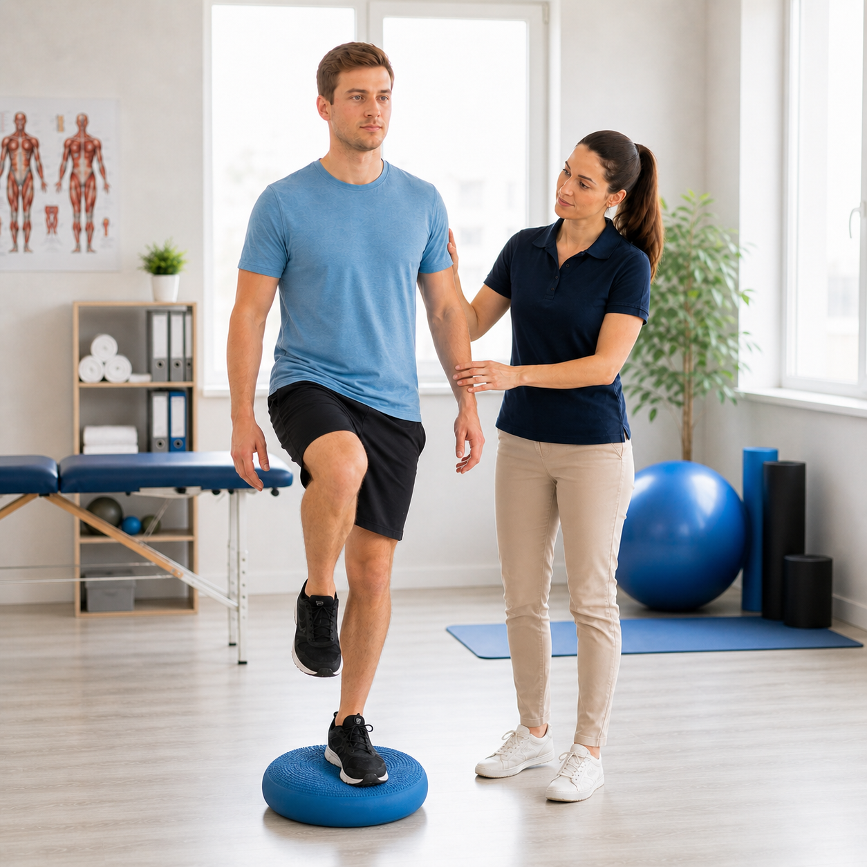 Patient steht auf einem Balance-Pad und hebt ein Bein, während eine Therapeutin seitlich absichert und die Gleichgewichtsübung begleitet.