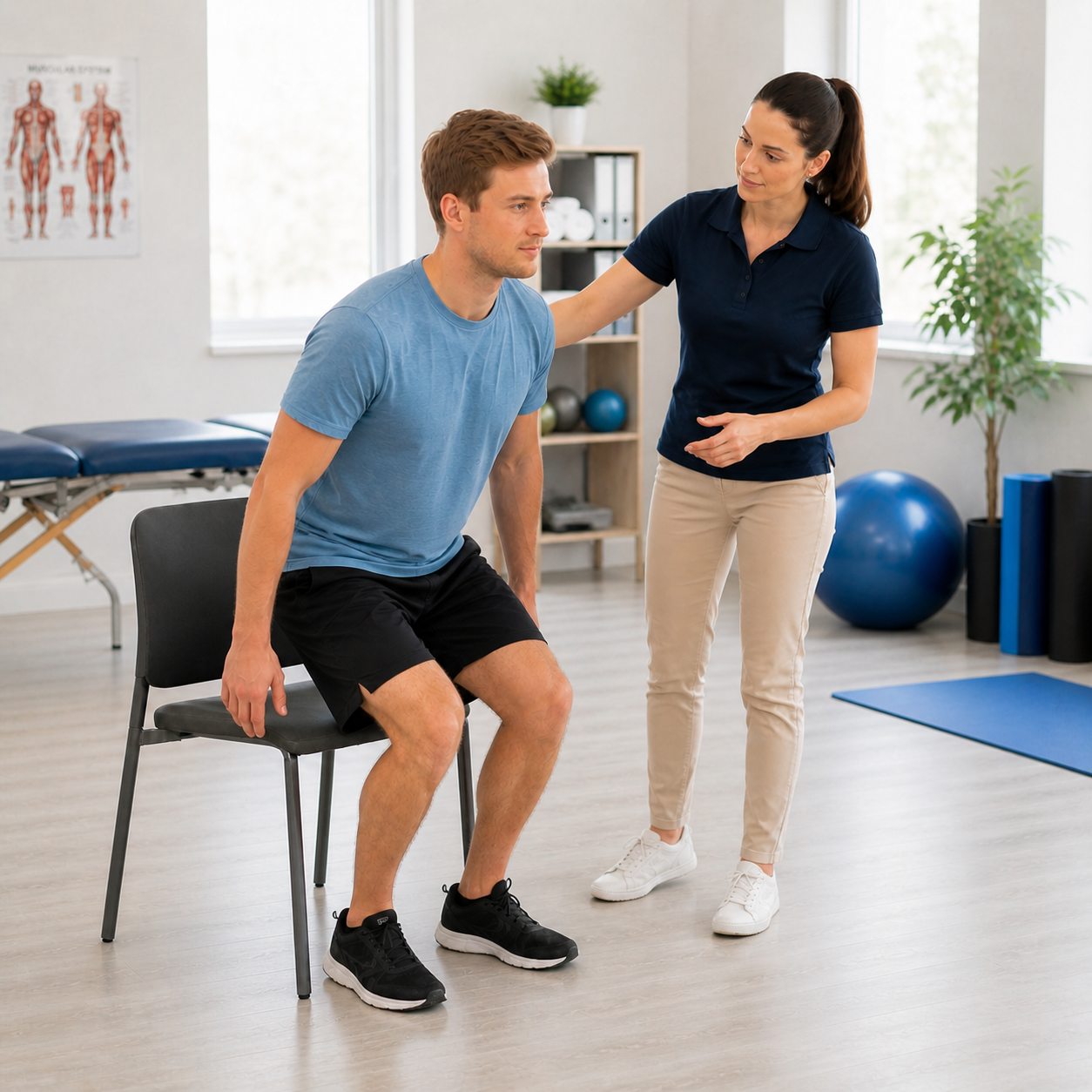 Patient trainiert das kontrollierte Aufstehen von einem Stuhl in einer hellen Physiotherapiepraxis, während eine Therapeutin die Bewegung beobachtet und unterstützend begleitet.