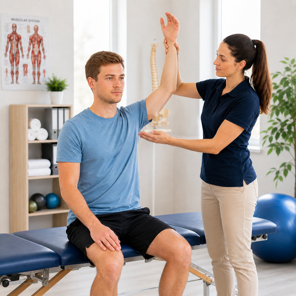 Therapeutin prüft vorsichtig die Schulterbeweglichkeit eines sitzenden Patienten in einer hellen Physiotherapiepraxis.