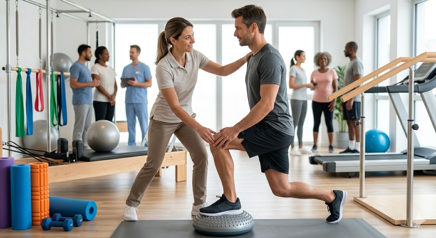Eine Physiotherapeutin unterstützt einen Patienten bei einer aktiven Gleichgewichtsübung auf einem Balance-Kissen in einer modern ausgestatteten Praxis mit Trainingsgeräten.