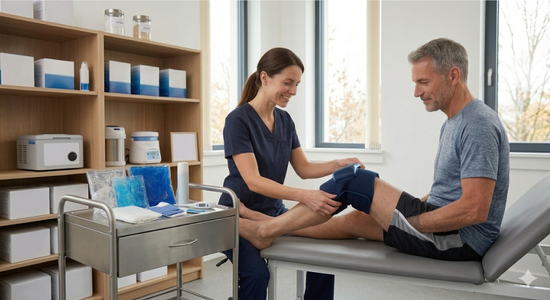Physiotherapeutin legt einem Patienten in einer modernen Praxis eine Kältekompresse am Knie an; im Hintergrund sind Therapieprodukte und Kühlpacks sichtbar.