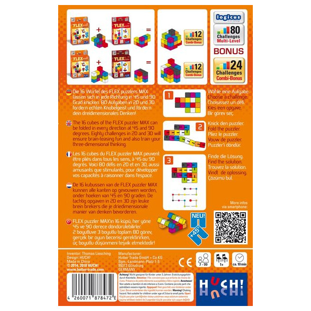 Rückseite der Flex Puzzler MAX Verpackung mit Spielanleitung und Kombi-Aufgaben