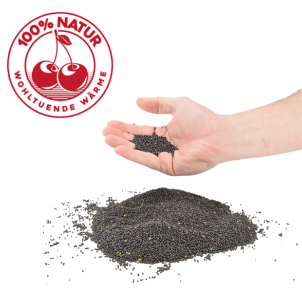 Detailaufnahme 4: Hand mit Rapskörnern und Naturwärme-Siegel – Füllmaterial des Nacken- / Schulterwärmekissens blau.