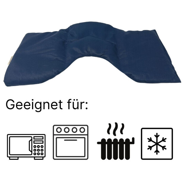 Detailaufnahme 1: Nahaufnahme vom Etikett des Nacken- / Schulterwärmekissens mit Herkunftskennzeichnung "Made in EU".