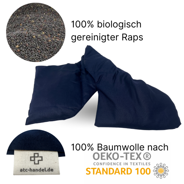 Detailaufnahme 2: Nahaufnahme des Füllmaterials und Etiketts des Nacken- / Schulterwärmekissens blau zu Baumwolle und Rapsfüllung.