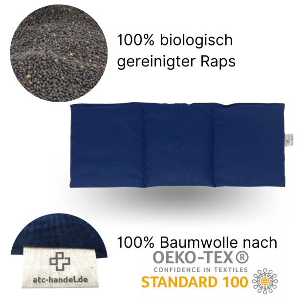 Detailaufnahme 3: Wärmekissen Natur blau mit Bio-Raps-Füllung und OEKO-TEX Etikett.