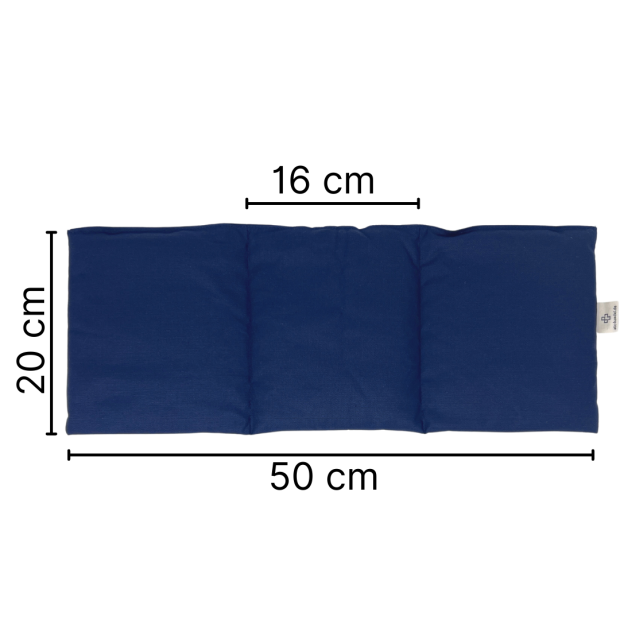 Detailaufnahme 4: Wärmekissen Natur blau mit Maßangaben 50x20 cm.