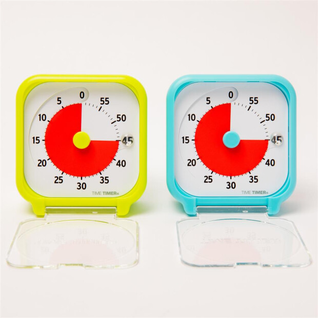 Abbildung 2: Time Timer® Pocket in Gelb und Türkis, frontal mit geöffnetem Deckel