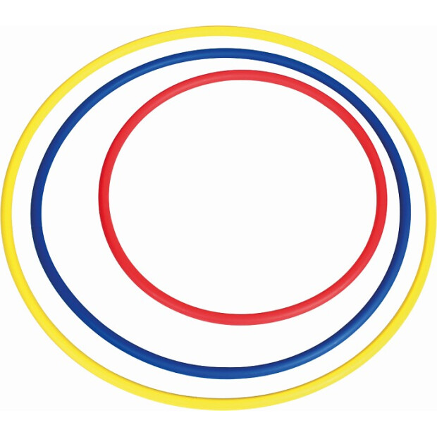 Abbildung: Gymnastikreifen in Gelb, Blau und Rot.