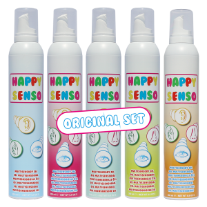 Abbildung von Sensorikgel Happy Senso in den vier Ausführungen Mint Fresh, Neutral, Tropical und Sweetness.