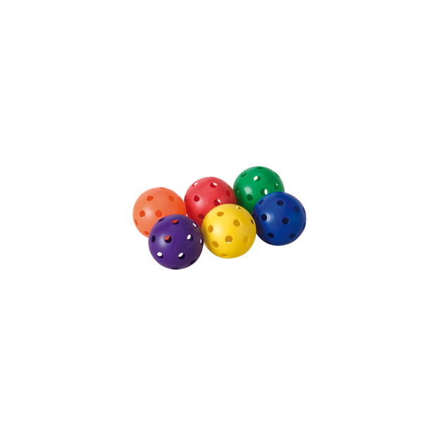 6 farbig unterschiedliche Bälle in mit Löchern.