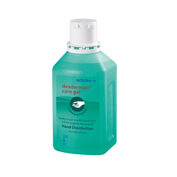 Händedesinfektions Flasche des Herstellers Schülke die Marke desderman care gel.