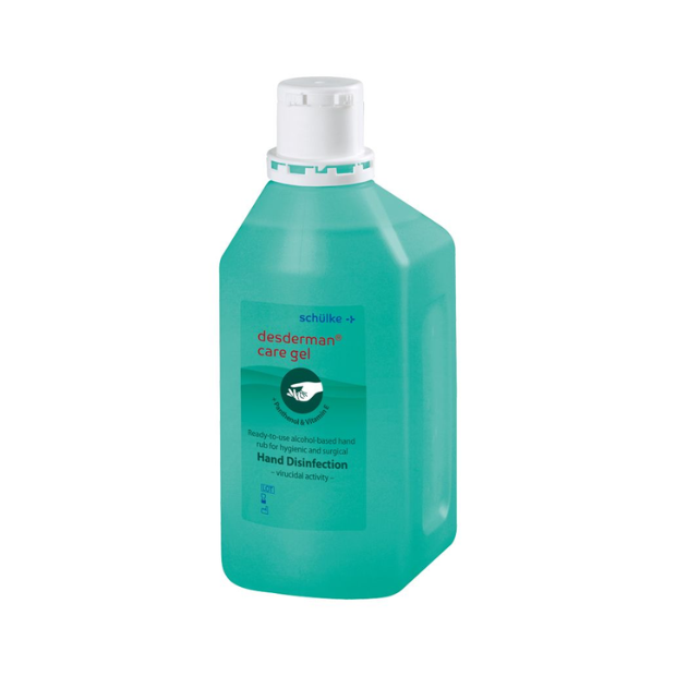 Händedesinfektions Flasche des Herstellers Schülke die Marke desderman care gel.