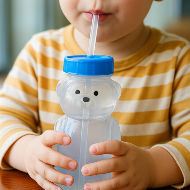 Junge trinkt am Tisch aus der blauen Theralino Trinkflasche mit Strohhalm