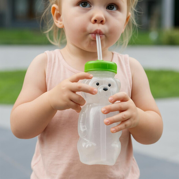 Mädchen trinkt im Garten aus der grünen Theralino Trinkflasche