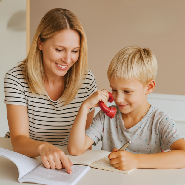 Junge hält ein Flüstertelefon ans Ohr, während seine Mutter ihn beim Lesen unterstützt