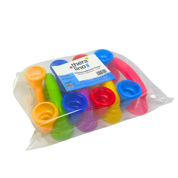 Produktverpackung mit Theralino Logo und Produktinformationen, Flüstertelefone farbig abgebildet