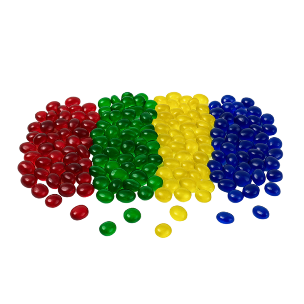 Thermostar Sensory Glass Beads in Rot, Grün, Gelb und Blau ordentlich auf weißem Hintergrund angeordnet – hochwertige Glasperlen für sensorische Anwendungen.