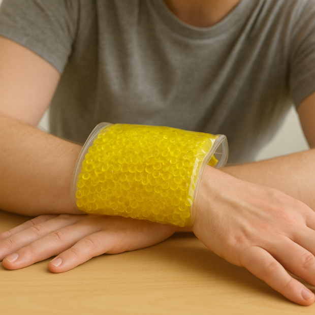Ein gelber Wärmepack mit Thermostar Sensory Glass Beads liegt auf dem Unterarm einer Person – Anwendung zur Entspannung und sensorischen Stimulation.